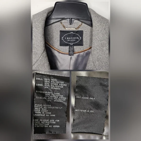 1 Madison Gray Wool Blend Tailored Long Coat Notched Collar Classic Chic XL - Picture 12 of 15